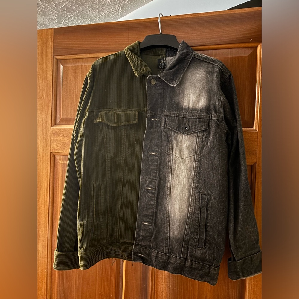 Handmade black denim and green corduroy split jacket. Super cool rainbow seam